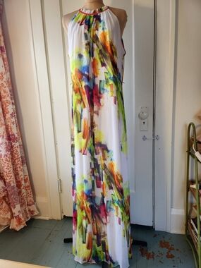 Chetta B Sz 12 *Extra Long* Multicolor/White Abstract Halter Maxi Dress